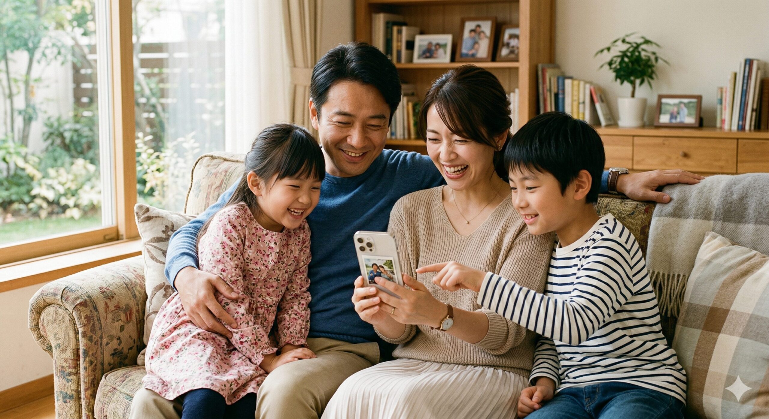 家族で一緒にスマートフォンを確認するシーン・温かい家族のイメージ