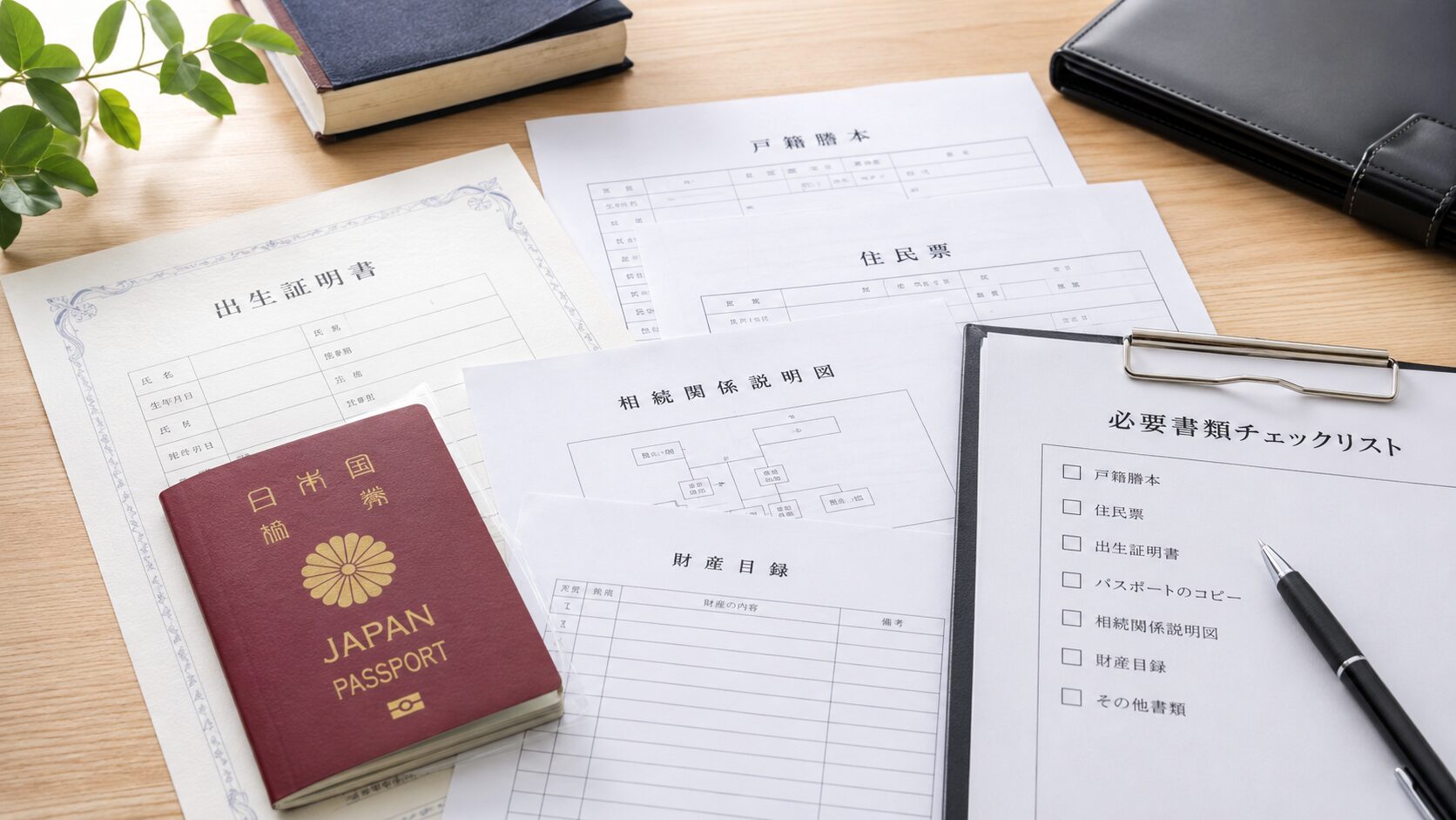 パスポート・出生証明書・書類一式が机に並んだイメージ